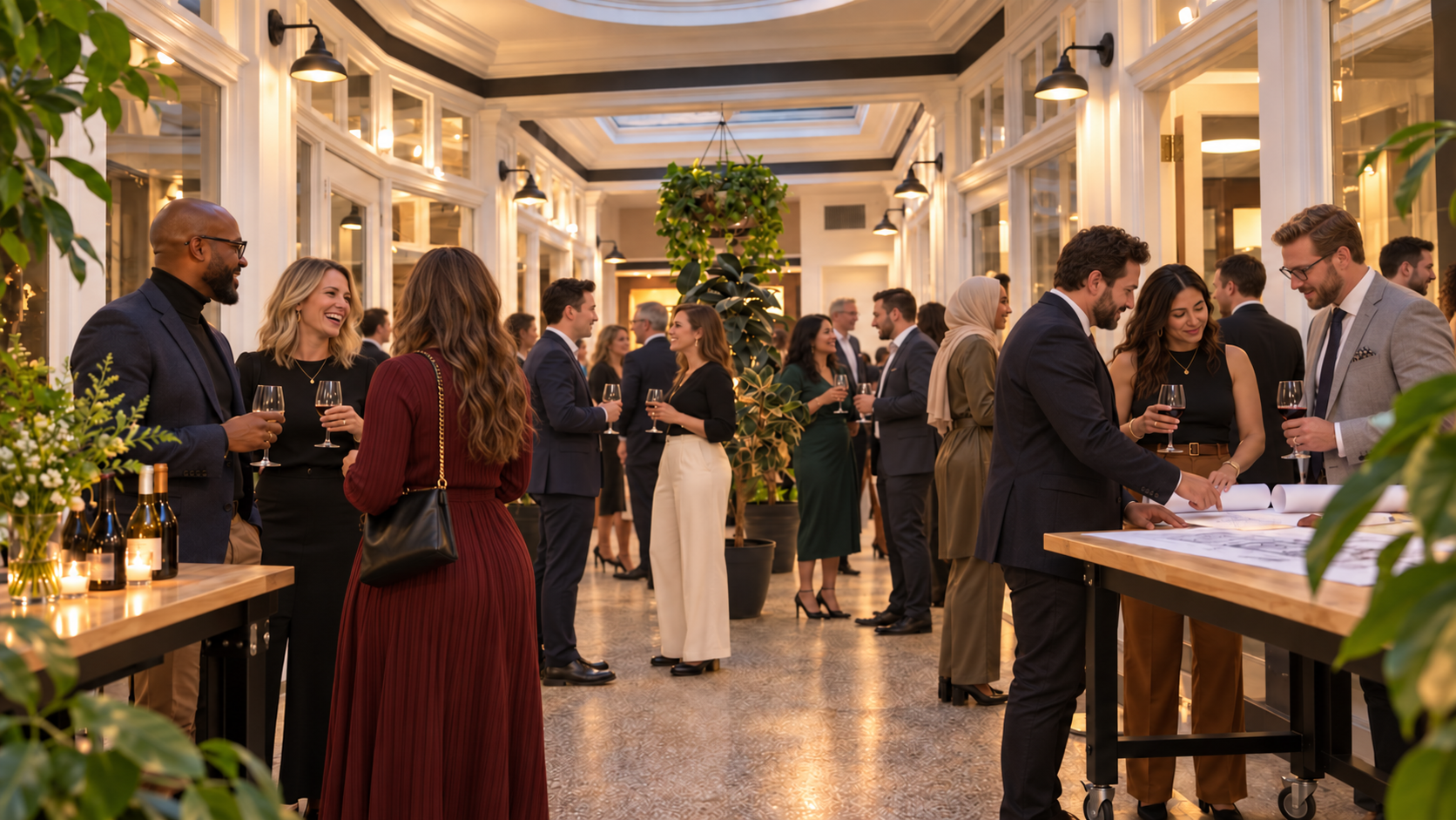 A diverse group of professionals enjoying an evening reception in a sunlit atrium