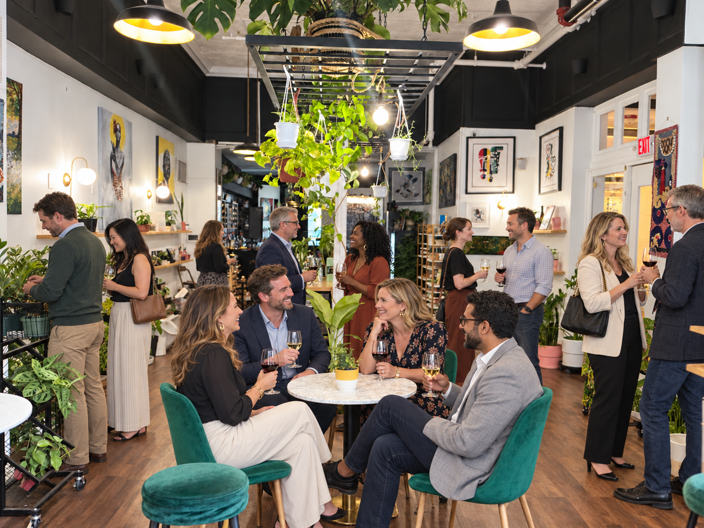 Professionals gathered around tables in Stem and Vine's plant room